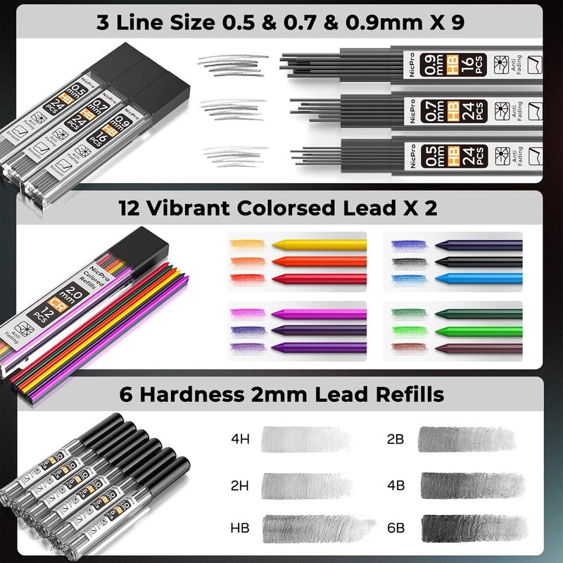 Nicpro مجموعة أقلام رصاص ميكانيكية فنية 37 قطعة، أقلام رسم معدنية 0.5 مم، 0.7 مم، 0.9 مم وحامل أقلام رصاص 2 مم (ألوان 6B 4B 2B HB 2H 4H) للرسم والتخطيط مع 20 أنبوب من إعادة تعبئة الرصاص وحافظة ممحاة. - Image 4